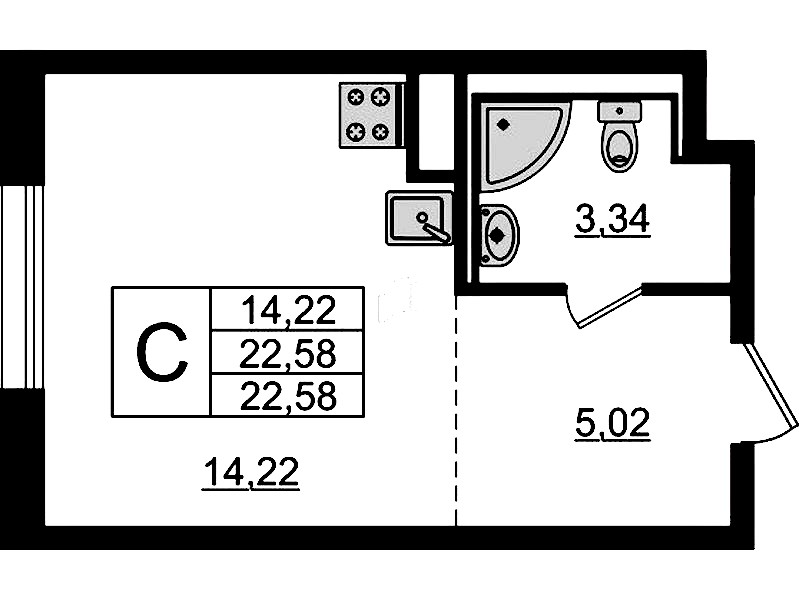 Квартира студия 22.58 м², 11/12 эт., ЖК «Новые Лаврики»
